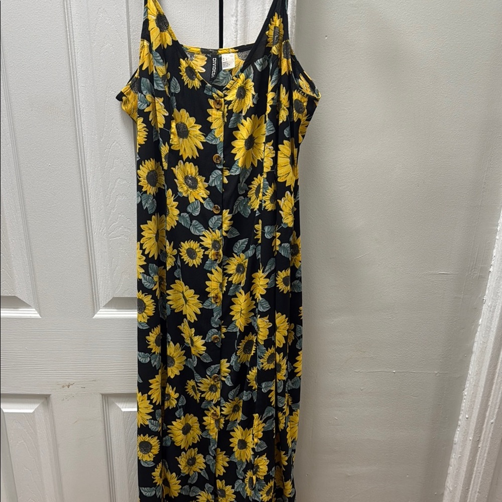 Floral Sunflower Print Dress - Black and Yellow